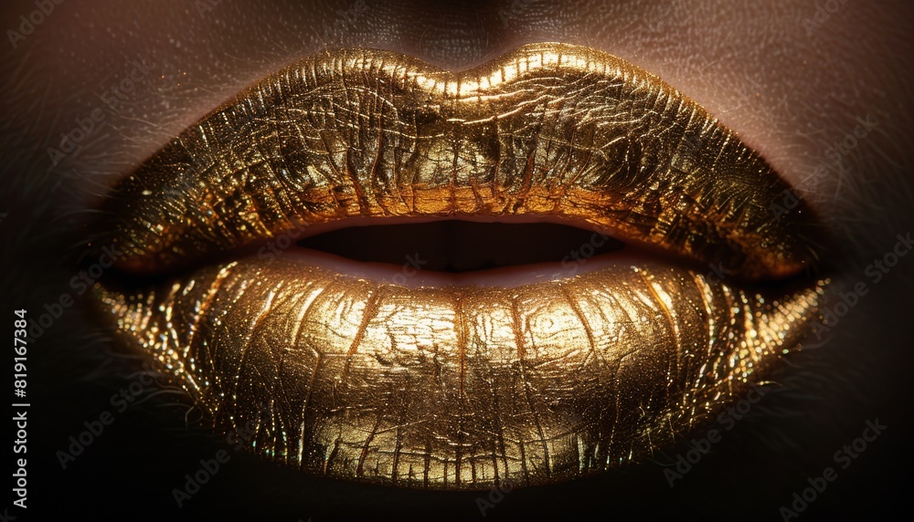macro shot view of lips with chrome liquid gold dripping from the lower lip