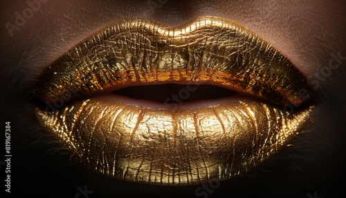 macro shot view of lips with chrome liquid gold dripping from the lower lip