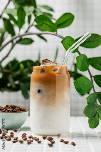 A glass of iced latte cold refreshing coffee drink