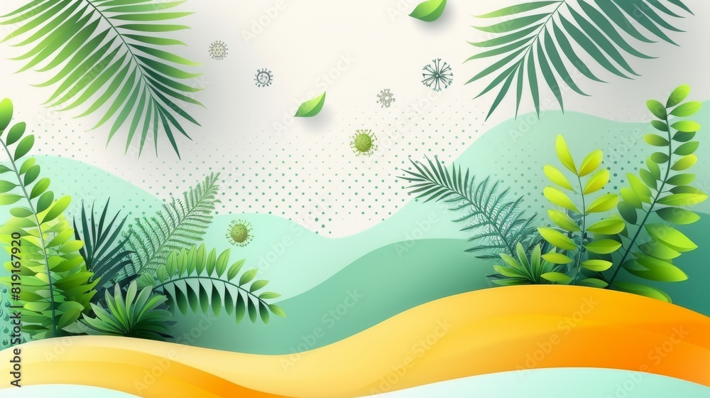 Elegant Tropical Background with Lush Green Foliage, Palm Leaves, and Vibrant Waves in a Modern Abstract Design for Art Decor Elegant Tropical Background with Lush Green Foliage, Palm Leaves, and Vibrant Waves in a Modern Abstract Design for Art Decor