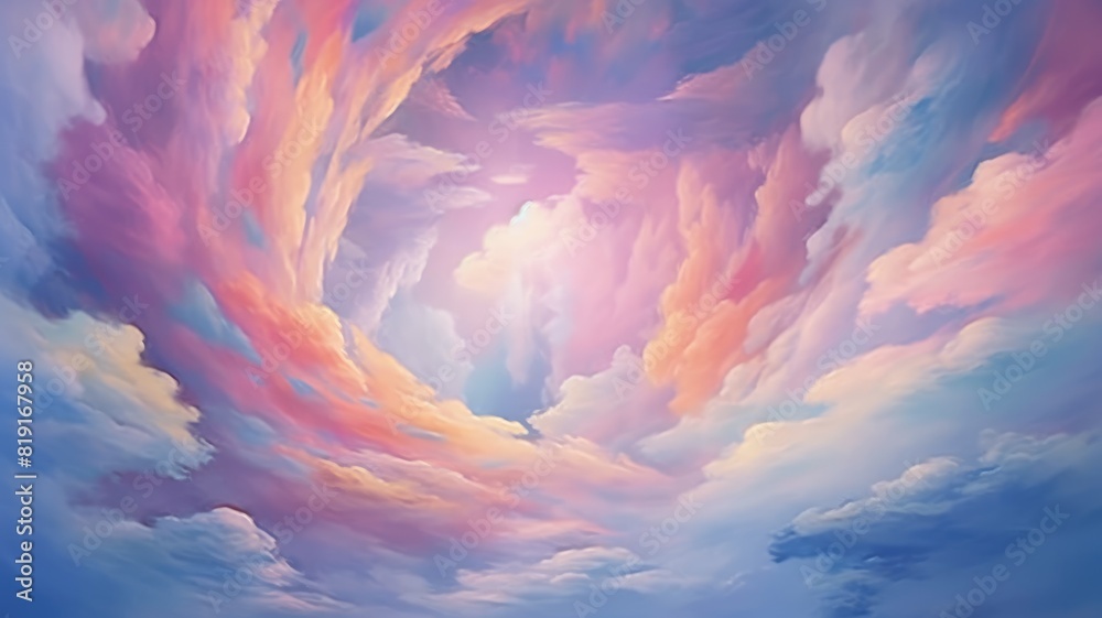 Surreal sky with swirling clouds and warm light at the center, painted ...