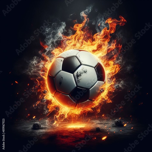 A soccer ball engulfed in flames and smoke against a dark, dramatic background, conveying intense action and fiery energy.. AI Generation © Anastasiia