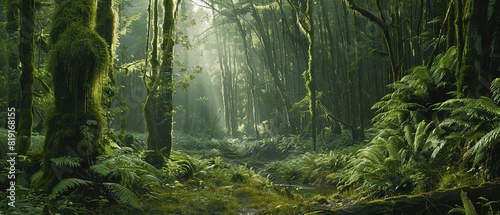 rainforest fog enhances the exotic beauty of the lush green vegetation photo