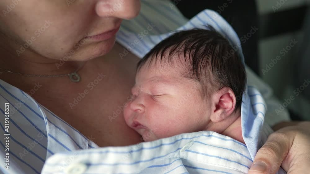 Close-up of a mother holding her sleeping newborn baby against her chest. The baby wrapped in a blue and white striped shirt, enjoys the skintoskin contact feeling safe and secure in the mother's arms Close-up of a mother holding her sleeping newborn baby against her chest. The baby wrapped in a blue and white striped shirt, enjoys the skintoskin contact feeling safe and secure in the mother's arms