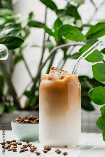 A glass of iced latte cold refreshing coffee drink