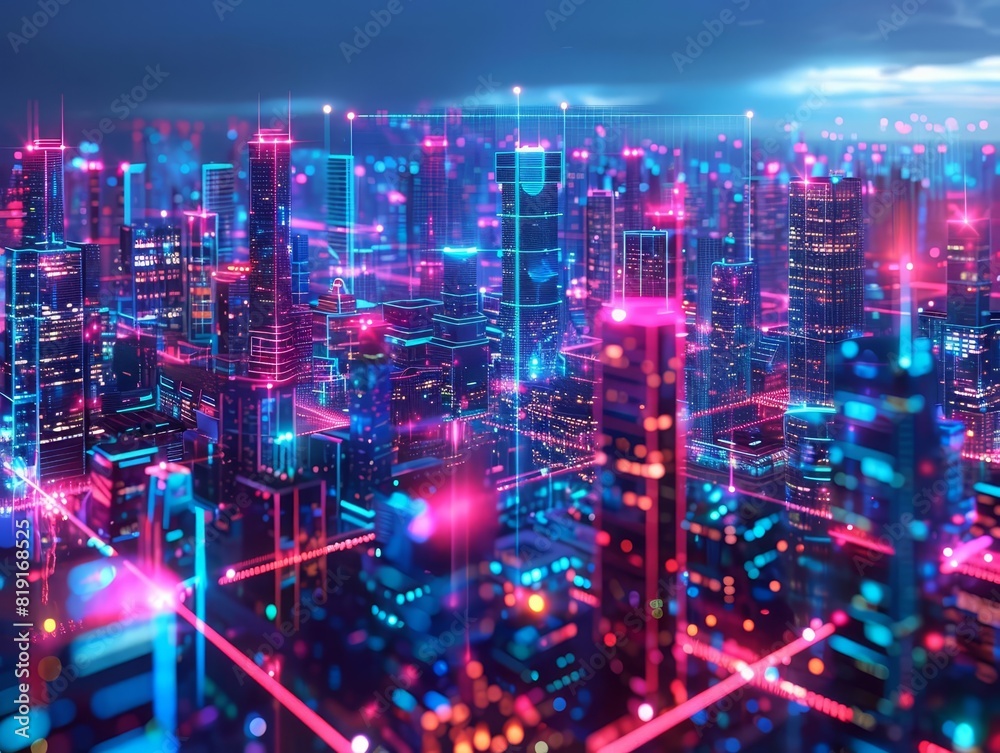 AIdriven smart grid with holographic energy flow, cityscape, neon accents, 3D rendering, high contrast