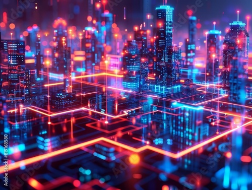 AIdriven smart grid with holographic energy flow, cityscape, neon accents, 3D rendering, high contrast