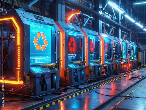 AIdriven waste sorting system with holographic interface, industrial setting, bright neon colors, 3D model, detailed