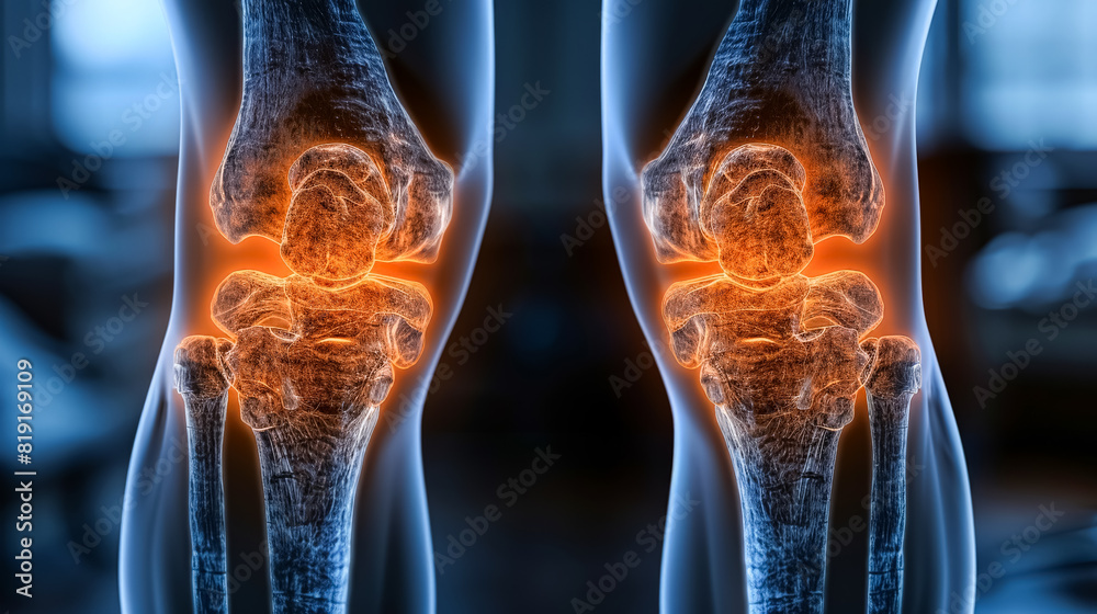 A black and white photo of two knee joints with a yellowish tint, highlighting issues with the knee joints. A black and white photo of two knee joints with a yellowish tint, highlighting issues with the knee joints.