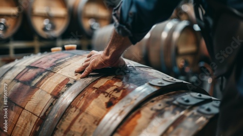 A man is shown pouring wine into barrels at a winery, a crucial step in the wine-making process