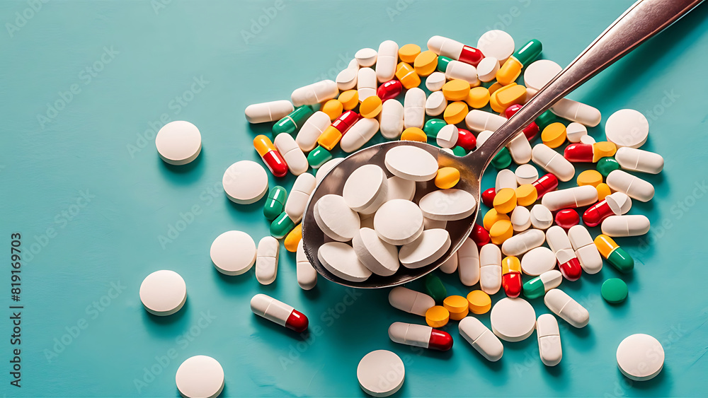 Pile of medical pills and spoon filled with tablets, close up Pile of medical pills and spoon filled with tablets, close up