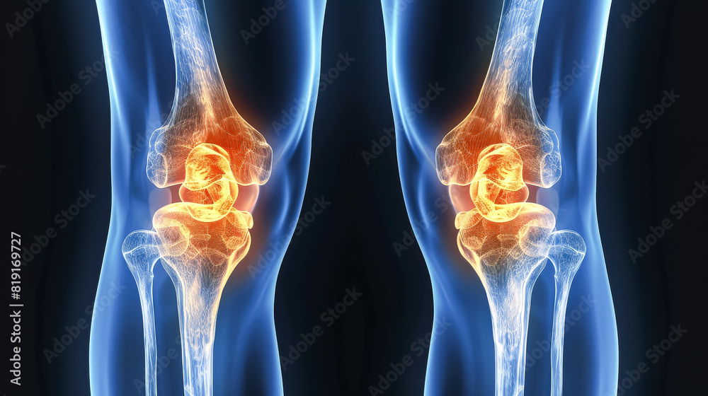 A black and white photo of two knee joints with a yellowish tint, highlighting issues with the knee joints. A black and white photo of two knee joints with a yellowish tint, highlighting issues with the knee joints.