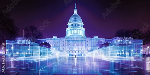 Nighttime view of illuminated Capitol dome in Washington DC as a hologram. Concept Hologram Technology, Capitol Dome, Nighttime Illumination, Washington DC, Virtual Tour