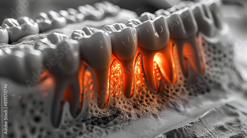 A close up of a person's mouth with a black and white filter. Concept of mystery and intrigue, as the viewer is unable to discern the colors of the teeth and gums photo