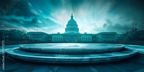 Grunge Political Debate Stage in a Circular Setting in Front of the USA Capitol Building. Concept Political Debate Stage, Grunge Setting, Circular Layout, USA Capitol Building Background photo