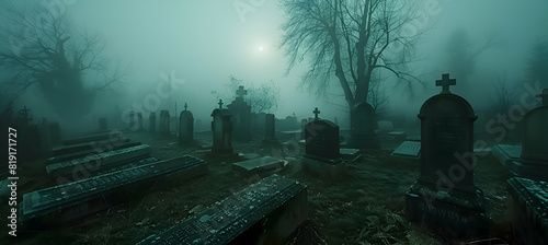 A foggy graveyard scene with old tombstones and eerie shadows