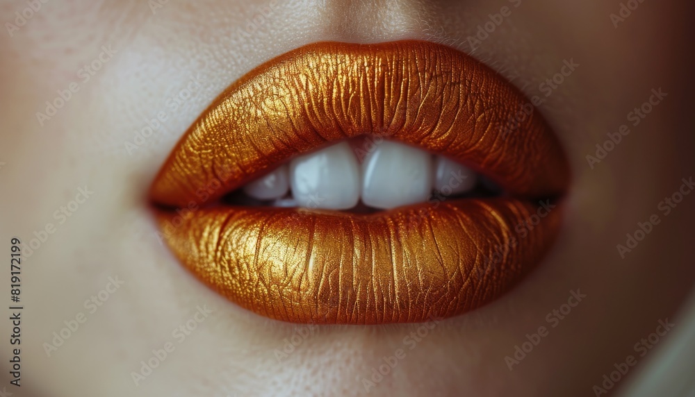 macro shot view of lips with chrome liquid gold dripping from the lower lip on a solid white background. macro shot view of lips with chrome liquid gold dripping from the lower lip on a solid white background.