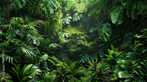 jungle with a variety of tropical plants  lush greenery