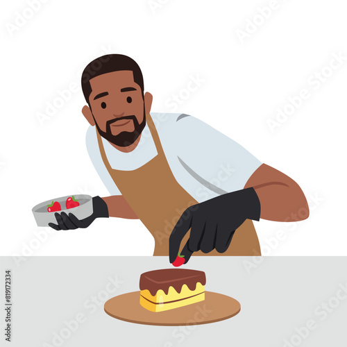 Man confectioner prepares sweet dessert with berries and butter cream. Flat vector illustration isolated on white background