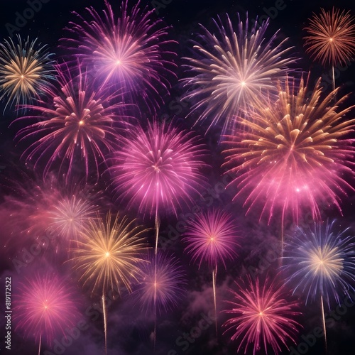 Colorful fireworks display in the night sky , with various shades of pink, purple, and gold bursts against a dark background