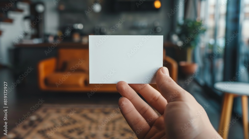 a hand holding a small square paper card, 2 inches wide. Blurred background of home office. Photorealistic. a hand holding a small square paper card, 2 inches wide. Blurred background of home office. Photorealistic.