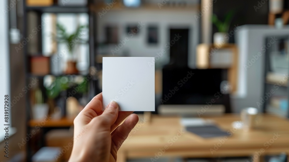 a hand holding a small square paper card, 2 inches wide. Blurred background of home office. Photorealistic.
