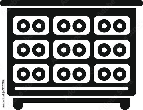 Black and white icon depiction of a classic wooden apothecary cabinet with multiple drawers