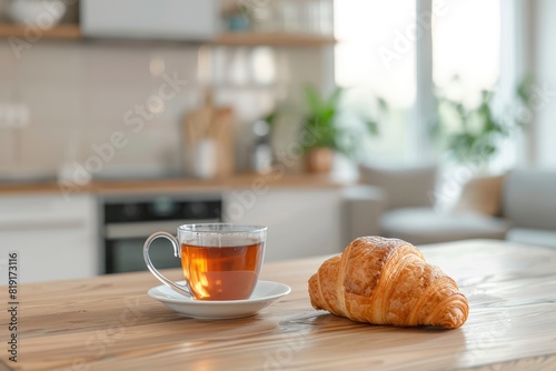 Croissant and coffee on kitchen countertop, against blurred minimalist interior with modern furniture. Selective focus at homemade pastry and tea drink in cup on wooden table - Generative Ai