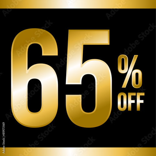 65 percent off gold, with black background and gold strips on top and bottom