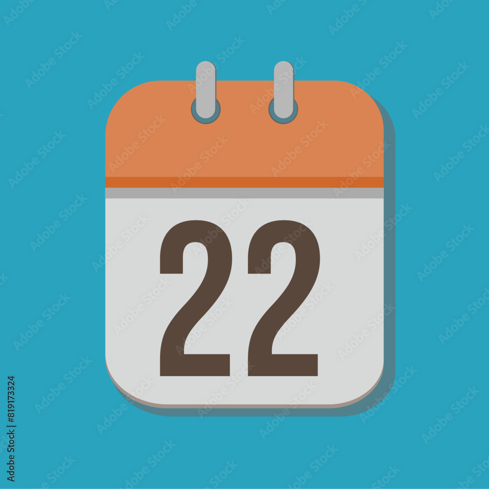 Calendar with number 22 in orange, white and brown in minimalist tones, with blue bakcground Calendar with number 22 in orange, white and brown in minimalist tones, with blue bakcground