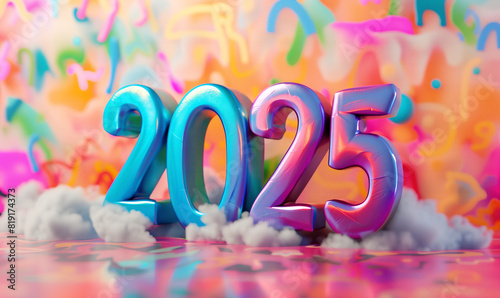 Happy New Year 2025 celebration 3D text title inscription colorful rainbow design. Creative party greeting card numbers. 
