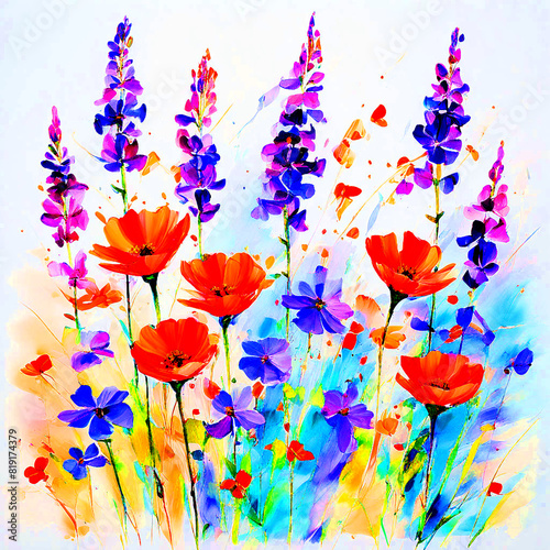 Colourful floral seamless Pattern with light background watercolour painting of poppies flowers
