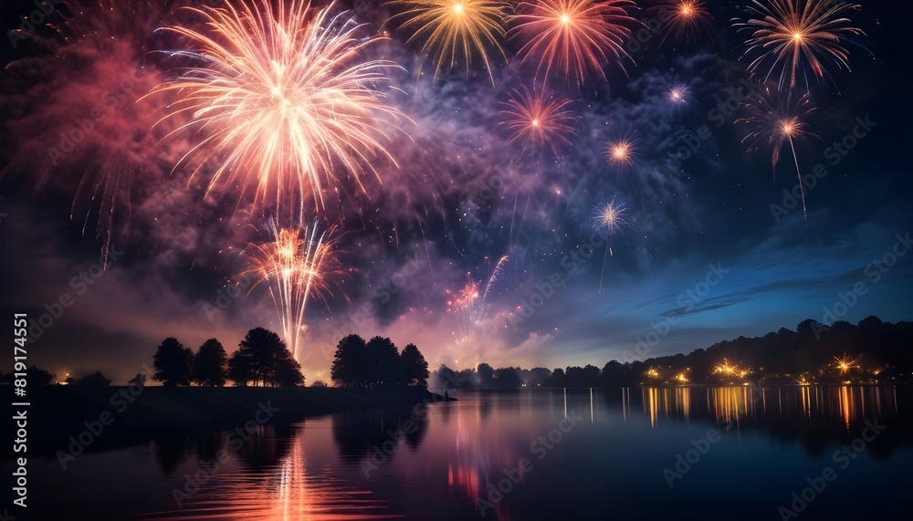 Colorful fireworks exploding over a (lake at night , with silhouetted trees along the shore and reflections in the water)