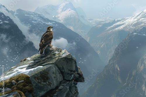 A bird perched on top of a rock in the mountains. Suitable for nature and wildlife concepts photo
