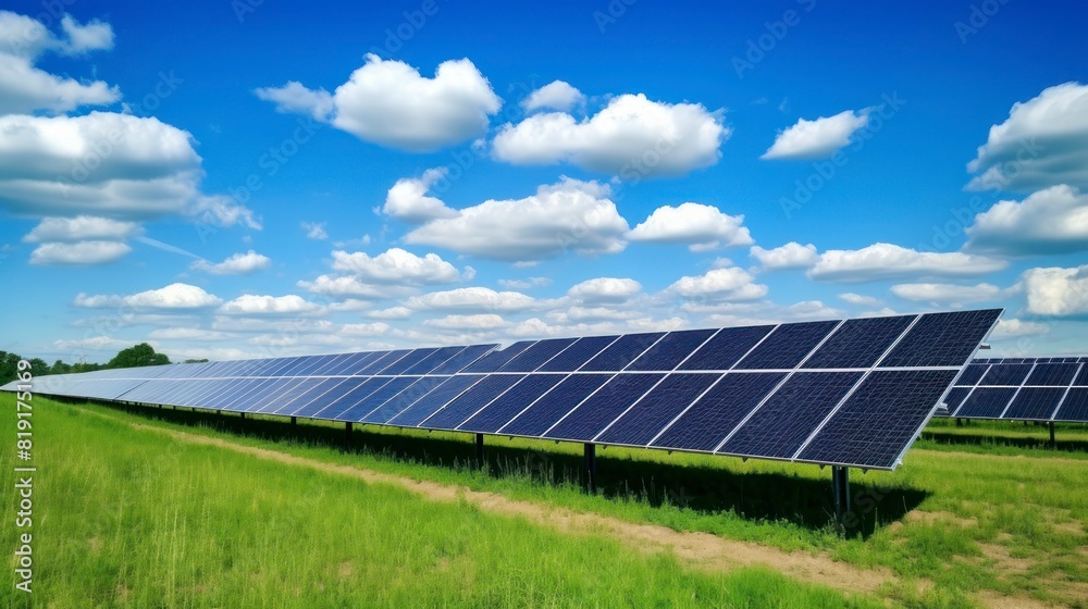 Solar energy panels in a green field with blue sky and sun Solar energy panels in a green field with blue sky and sun