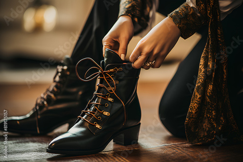 Woman wearing stylish jacket tying black boot laces