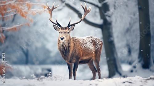 Deer in winter forest. Wild animal in winter forest. Wildlife scene.