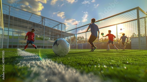 Young boys in youth soccer club playing football tennis training game Teenage soccer players playing football tennis on training session Teenagers practicing soccer on grass pitch. Copy space image
