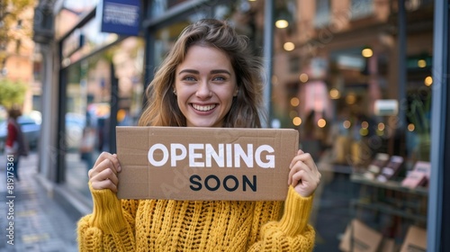 Woman with 'Opening Soon' Sign photo