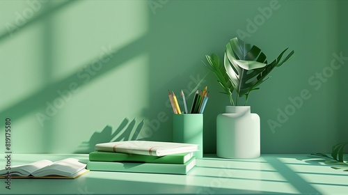 Minimalist Green Study Desk with Plants, Books, and Sunlight photo