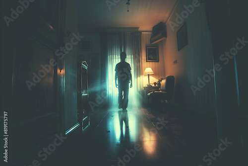 A ghostly figure appearing in a haunted room, with eerie lighting and shadows © MistoGraphy
