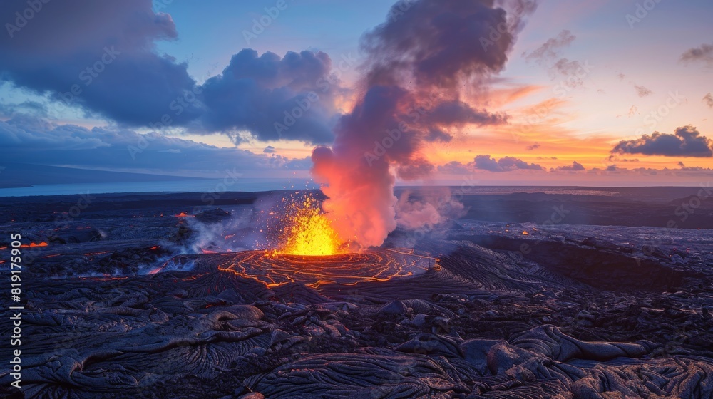 A dynamic scene capturing the intense lava eruption in Hawaii during sunset, showcasing the raw power and beauty of natures forces