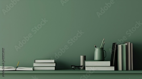 Minimalist Workspace with Books and Desk Accessories on Green Wall Shelf