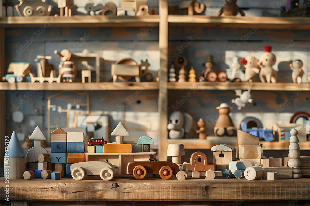 A collection of beautifully crafted children’s wooden toys, including cars, blocks, and animals, displayed neatly on a wooden surface A collection of beautifully crafted children’s wooden toys, including cars, blocks, and animals, displayed neatly on a wooden surface