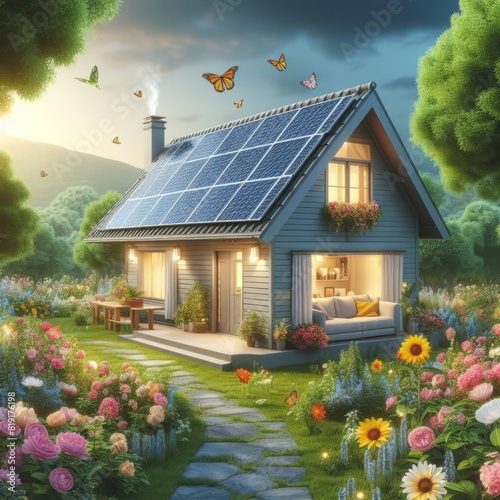 Casa immersa nel verde con pannelli solari sul tetto, pronta per l’energia pulita.
 photo