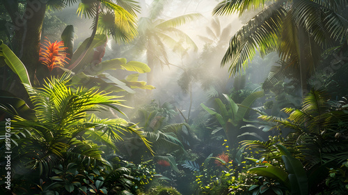 A lush  tropical rainforest with towering trees and exotic plants  bathed in the soft glow of sunlight filtering through dense foliage 