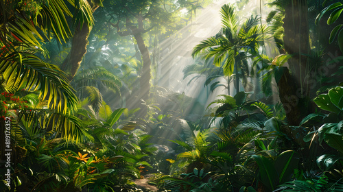 A lush, tropical rainforest with towering trees and exotic plants, bathed in the soft glow of sunlight filtering through dense foliage 