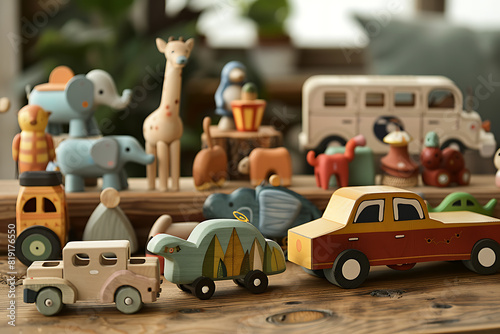 A collection of beautifully crafted children   s wooden toys  including cars  blocks  and animals  displayed neatly on a wooden surface