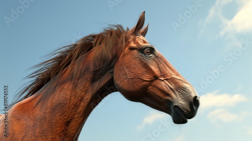 Close up of a horse's head with a blue sky background. Perfect for animal lovers and equestrian enthusiasts