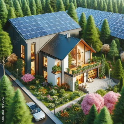 Casa moderna con pannelli solari sul tetto, immersa in un paesaggio verdeggiante.
 photo